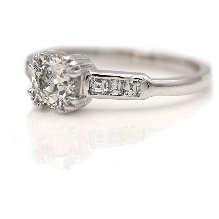 Art Deco Style 1.01 CTW Old Mine Cut Diamond Vintage Engagement Ring Square Cut Side Stones GIA J/I1