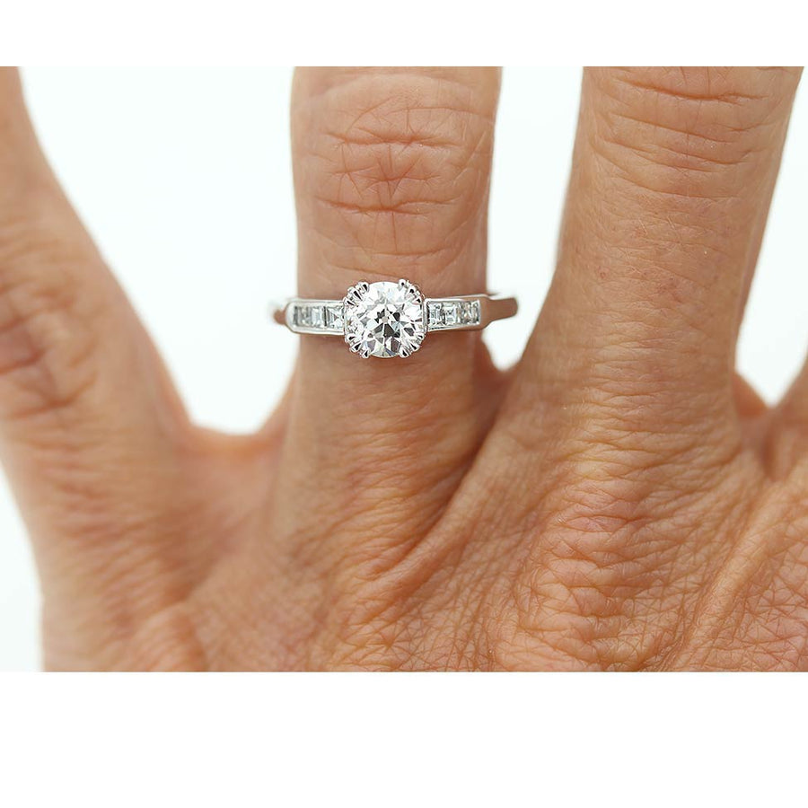 Art Deco Style 1.01 CTW Old Mine Cut Diamond Vintage Engagement Ring Square Cut Side Stones GIA J/I1