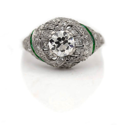 Art Deco Diamond Engagement Ring with Emerald Side Stones