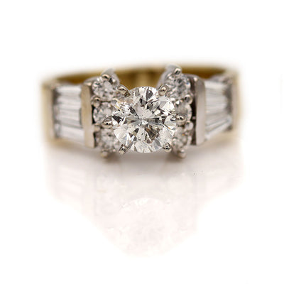 Vintage Two Tone Round Diamond Engagement ring With Side Baguettes