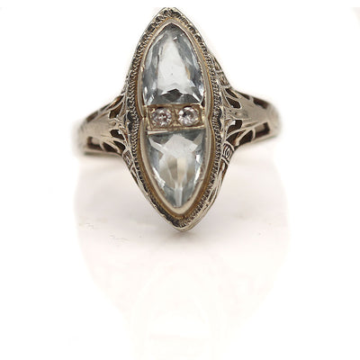 Art Deco Twin Aquamarine and Diamond Engagement Ring