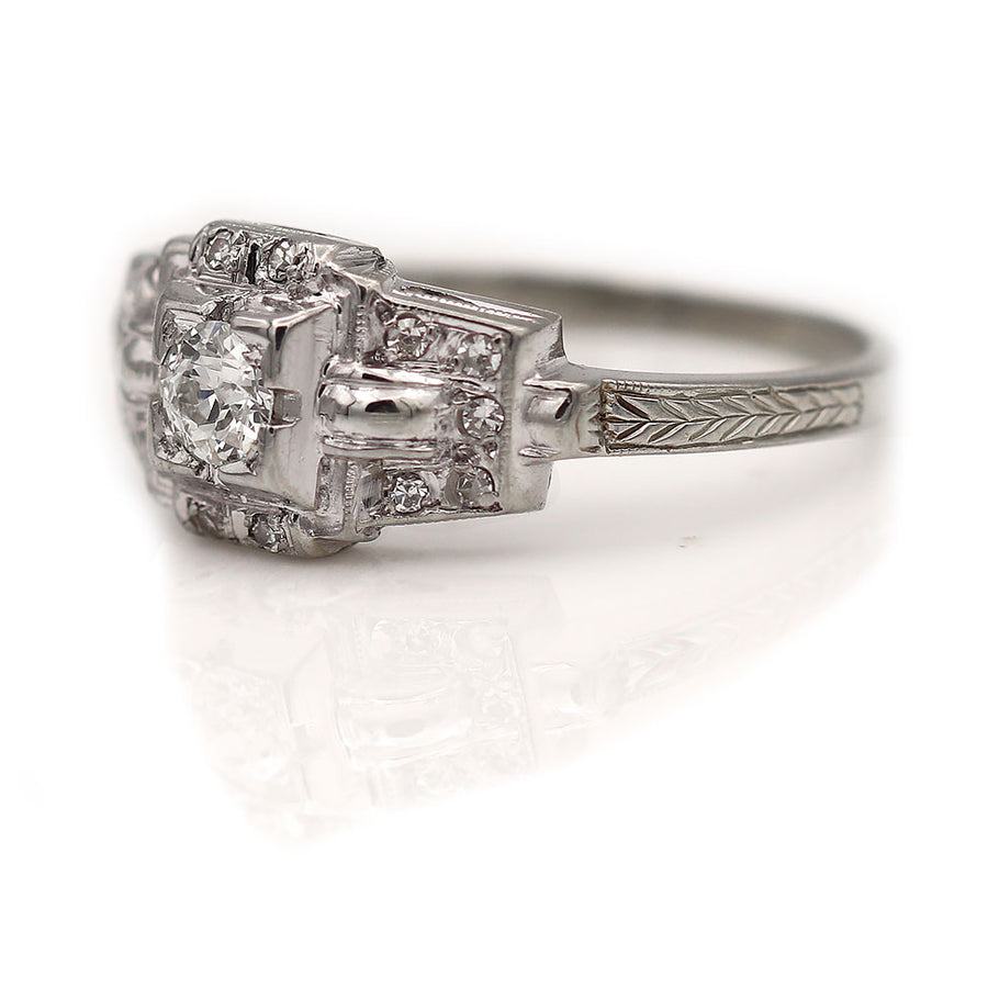 Vintage Filigree Old Mine Cut Diamond Engagement Ring with Side Stones