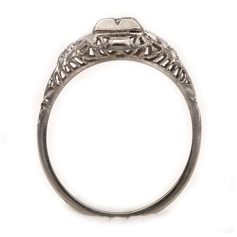 Vintage Filigree Old Mine Cut Diamond Engagement Ring with Side Stones