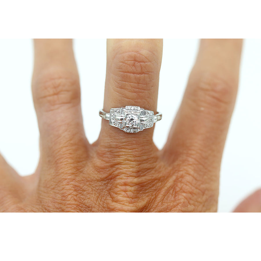 Vintage Filigree Old Mine Cut Diamond Engagement Ring with Side Stones