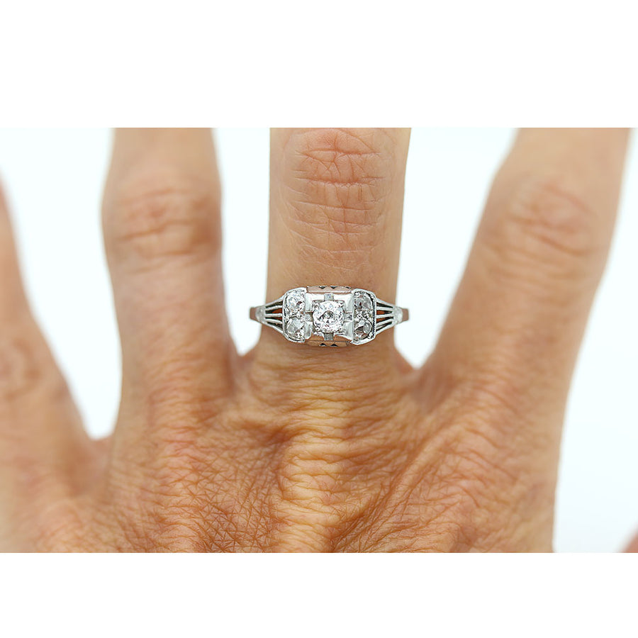 Vintage Old European & Old Mine Cut Diamond Art Deco Engagement Ring in Platinum