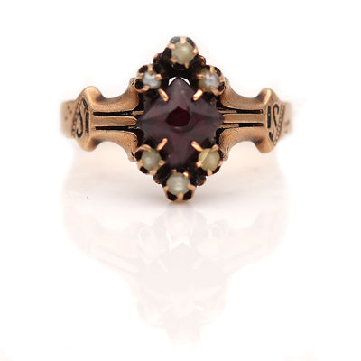 Victorian Purple Garnet and Pearl Engagement Ring
