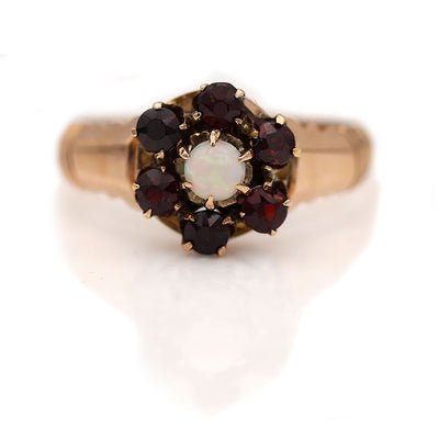 Victorian Opal and Garnet Halo Engagement Ring