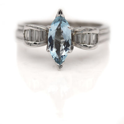 Vintage Marquise Aquamarine & Baguette Diamond Engagement Ring Circa 1970s