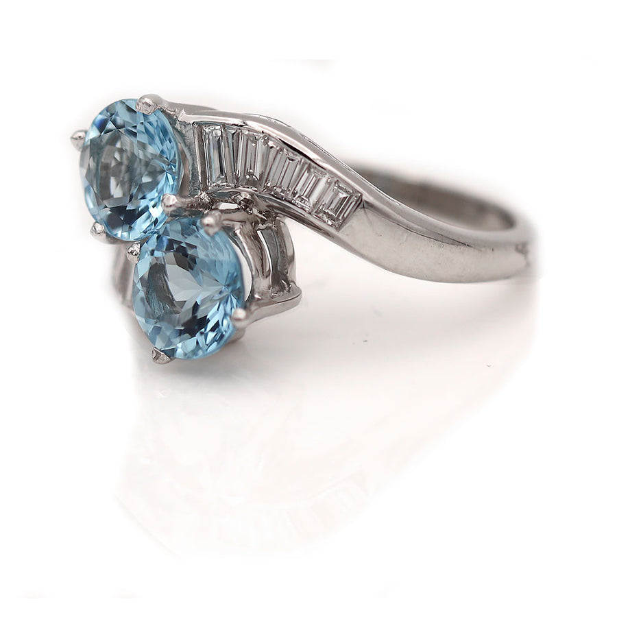Vintage Toi Et Moi Aquamarine & Baguette Diamond Engagement Ring