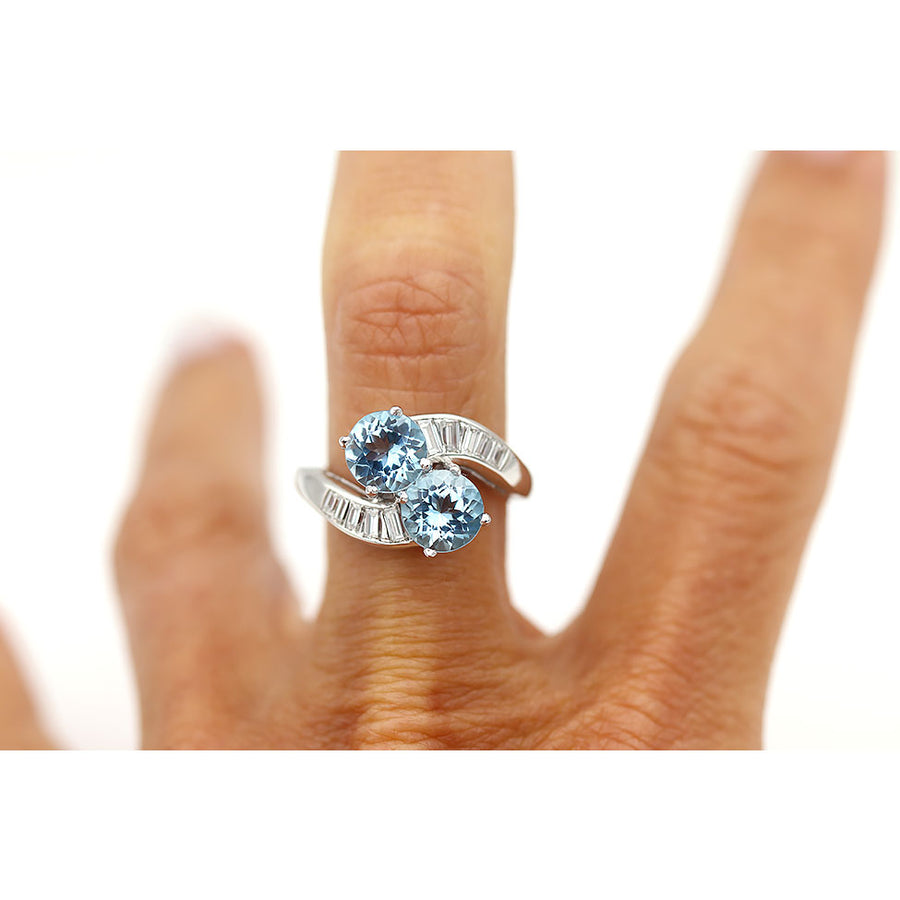 Vintage Toi Et Moi Aquamarine & Baguette Diamond Engagement Ring