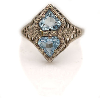 Art Deco Two Stone Kite Shape Aquamarine Engagement Ring