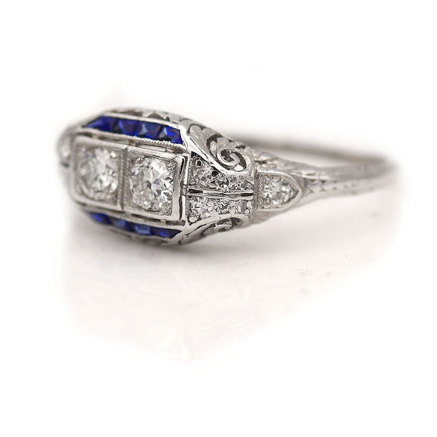 Art Deco Toi et Moi .61 CTW Old European Cut Diamond Sapphire Engagement Ring