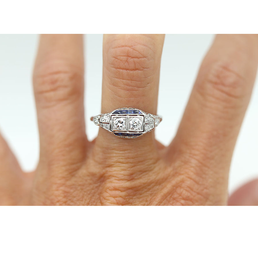 Art Deco Two Stone Old European Cut Diamond and Sapphire Engagement Ring