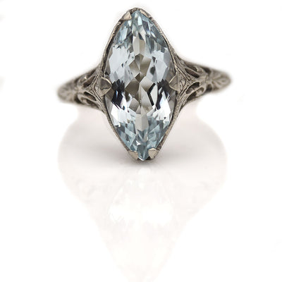 Art Deco Marquis Aquamarine Engagement Ring