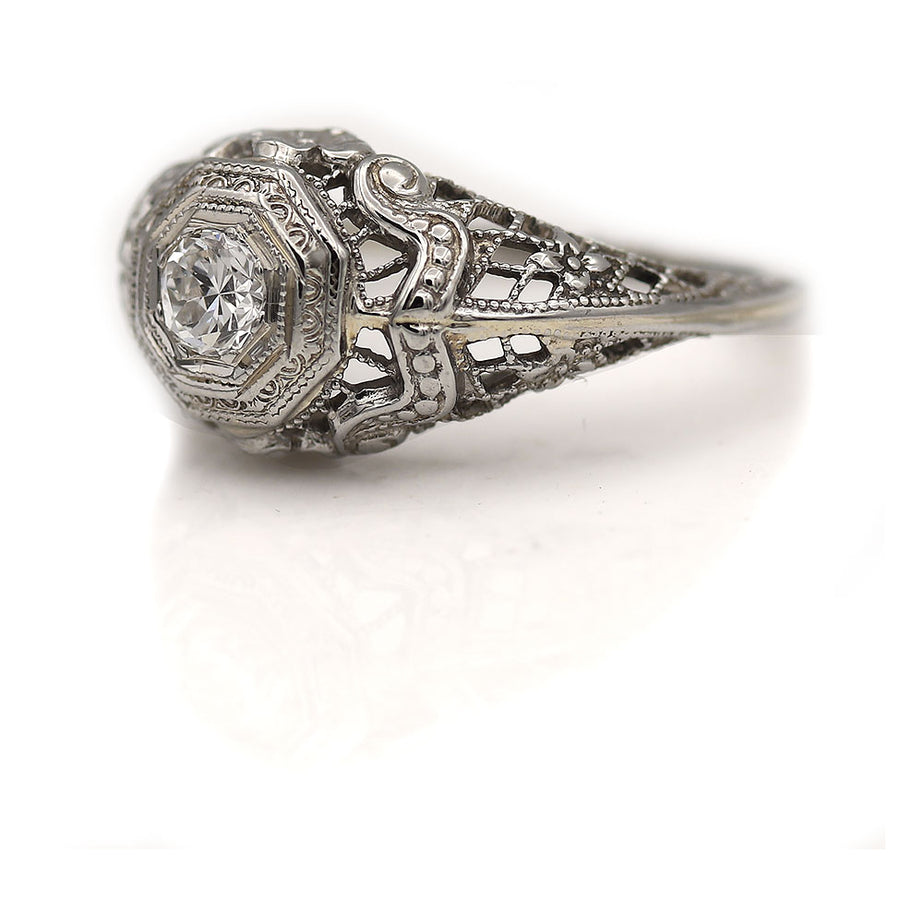 Vintage Old European Cut Octagonal Diamond Floral Engagement Ring