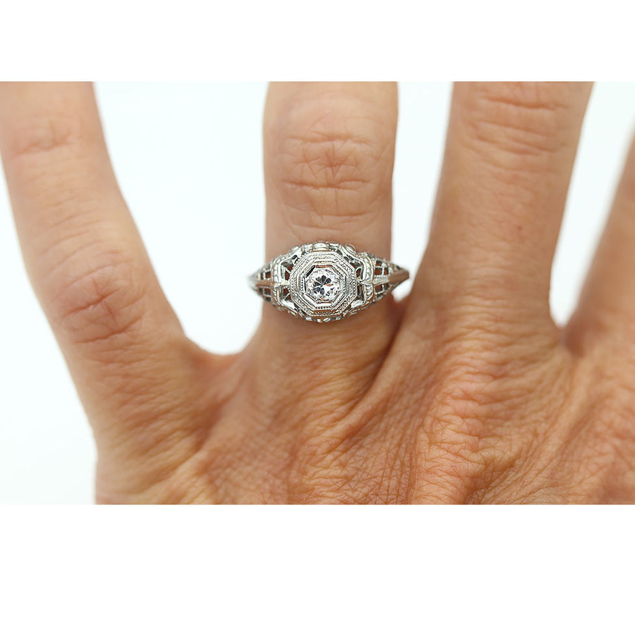 Vintage Old European Cut Octagonal Diamond Floral Engagement Ring