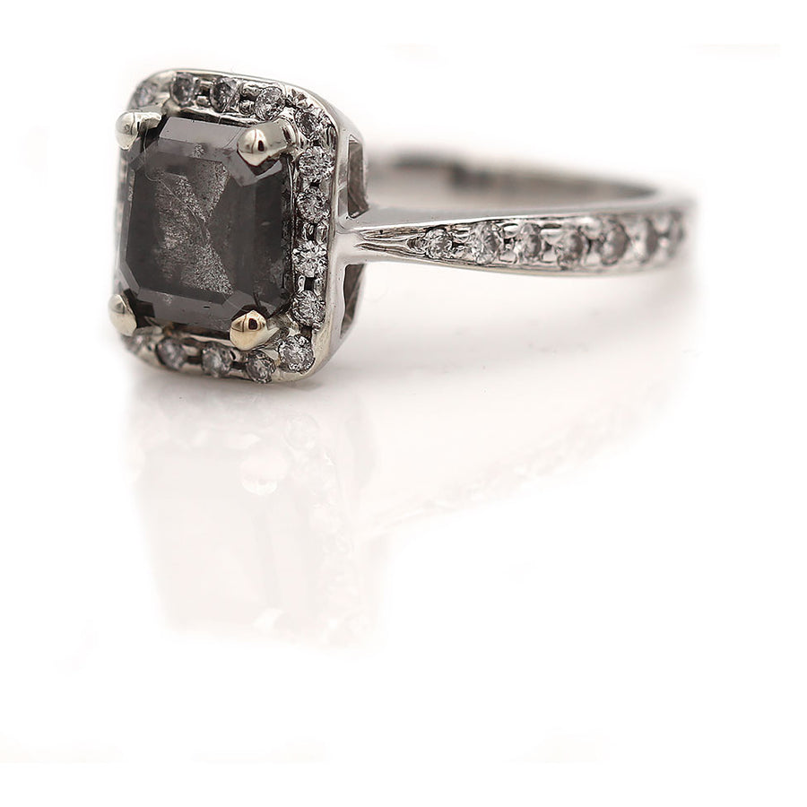 Vintage Square Cut Salt and Pepper Diamond Halo Engagement Ring 2.01 Ct