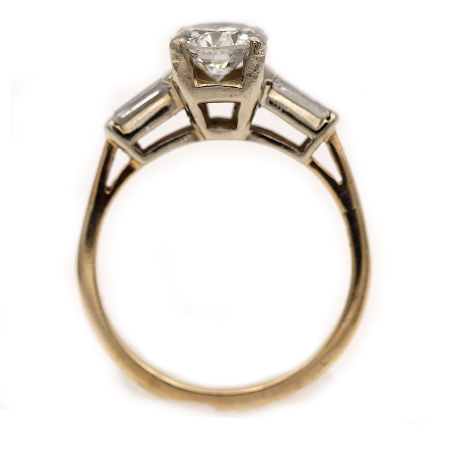 Vintage Round Cut Diamond Engagement Ring with Side Baguette Diamonds 1.08 Ct