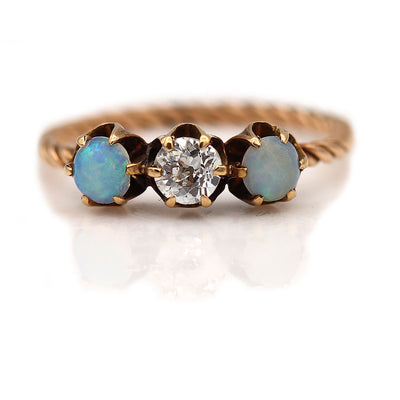 Victorian Old Mine Cut Diamond & Opal Three Stone Engagement Ring