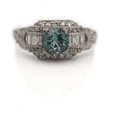 Estate Art Deco Style Round Cut Aquamarine Ring with Baguette Accents .85 Ct