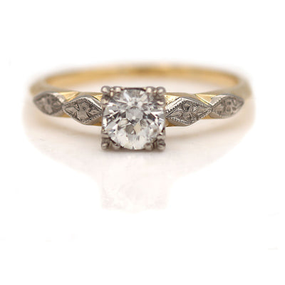 Vintage Trefoil Prong Old Mine Cut Diamond Engagement Ring with Filigree