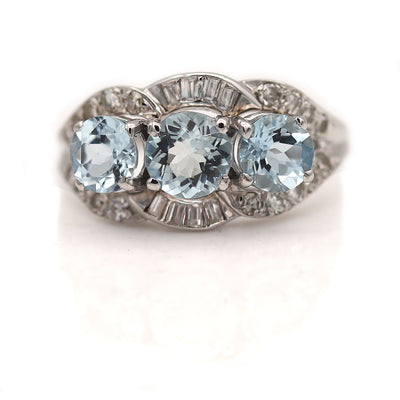 Vintage Three Stone Aquamarine Engagement Ring with Baguette Diamonds