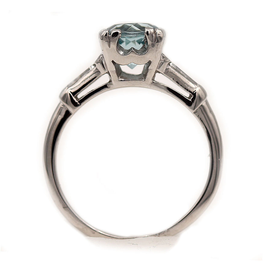 Vintage Three Stone Aquamarine Engagement Ring with Side Baguettes