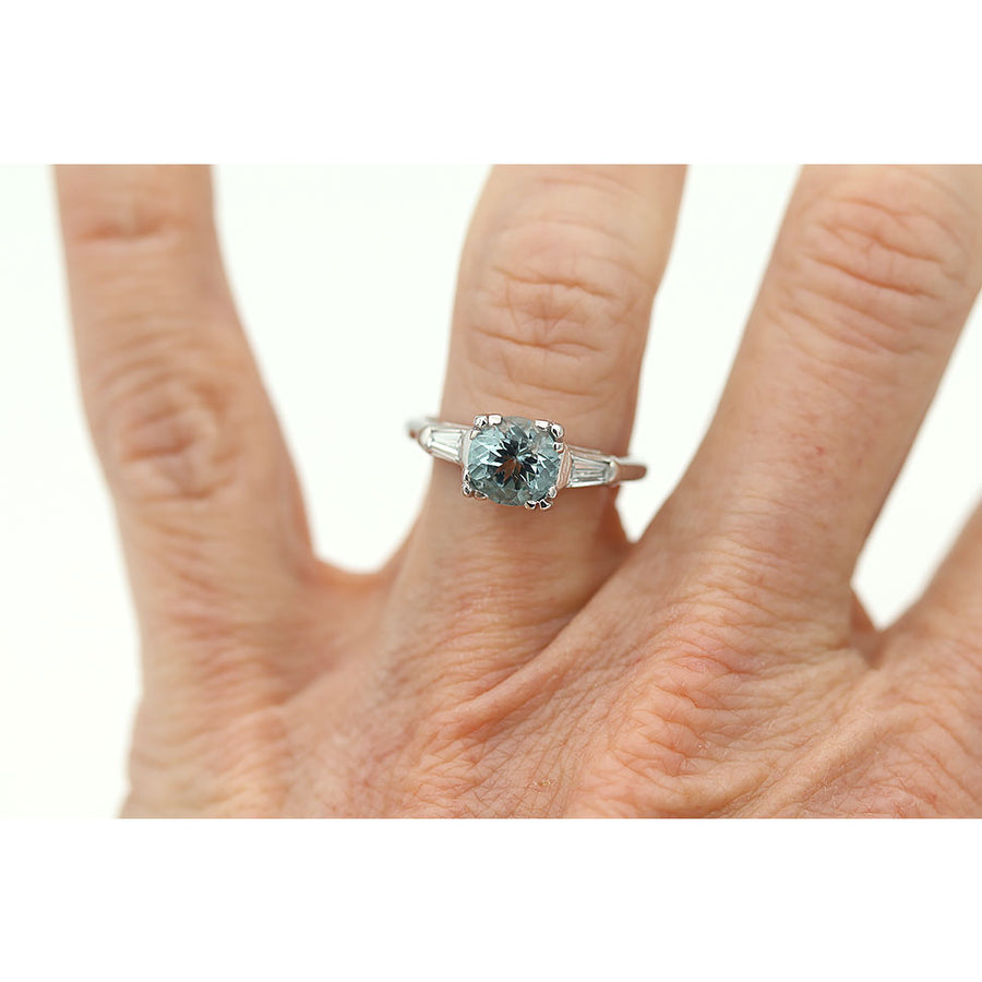 Vintage Three Stone Aquamarine Engagement Ring with Side Baguettes