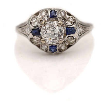 Magnificent Art Deco Old Mine Cut Diamond Engagement Ring with Bullet Cut Sapphires in Platinum