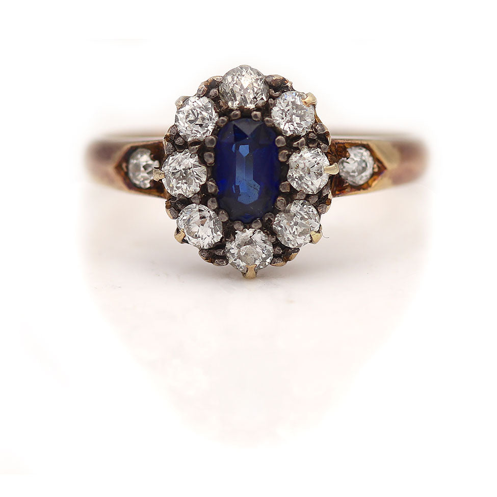 Victorian Sapphire and Mine Cut Diamond Engagement Ring Circa 1900s