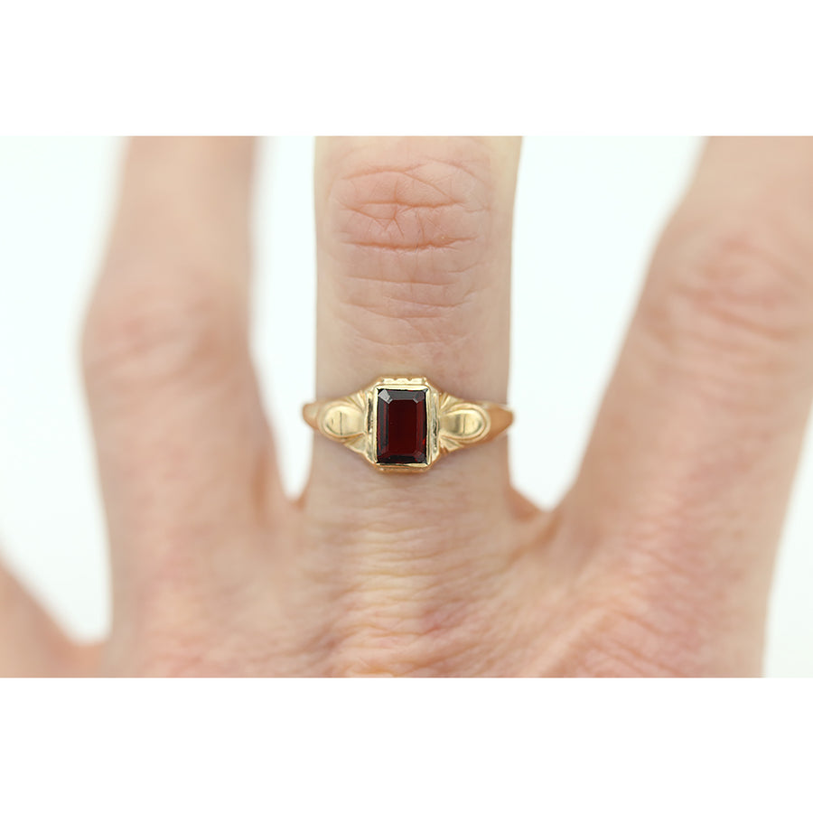 Vintage Bezel Set Emerald Cut Garnet Solitaire Engagement Ring