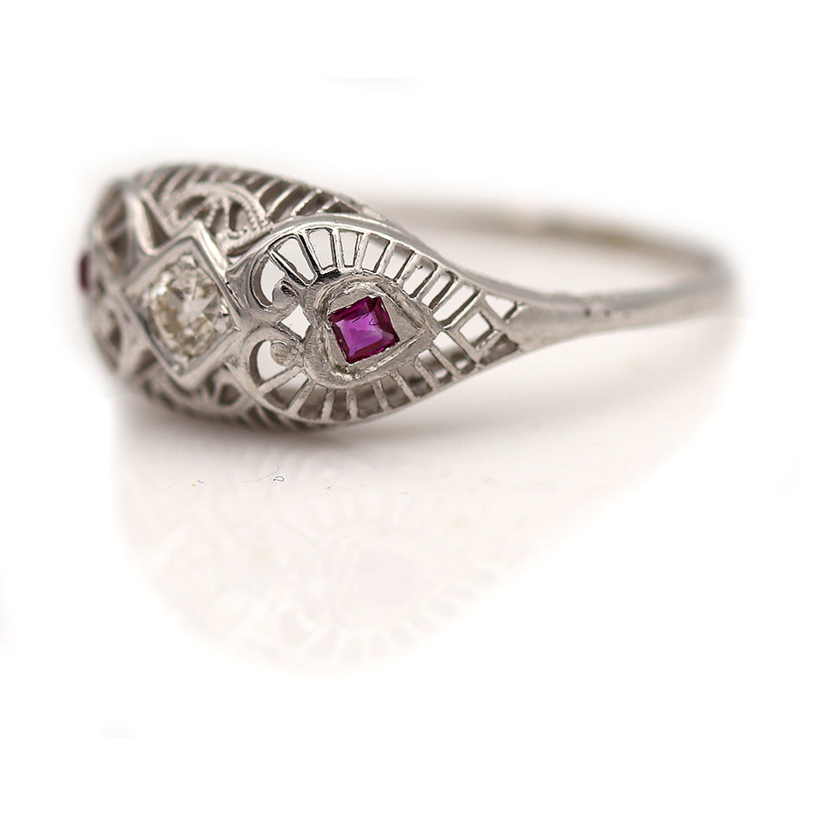 Vintage Old Mine Cut Diamond & Ruby Engagement Ring