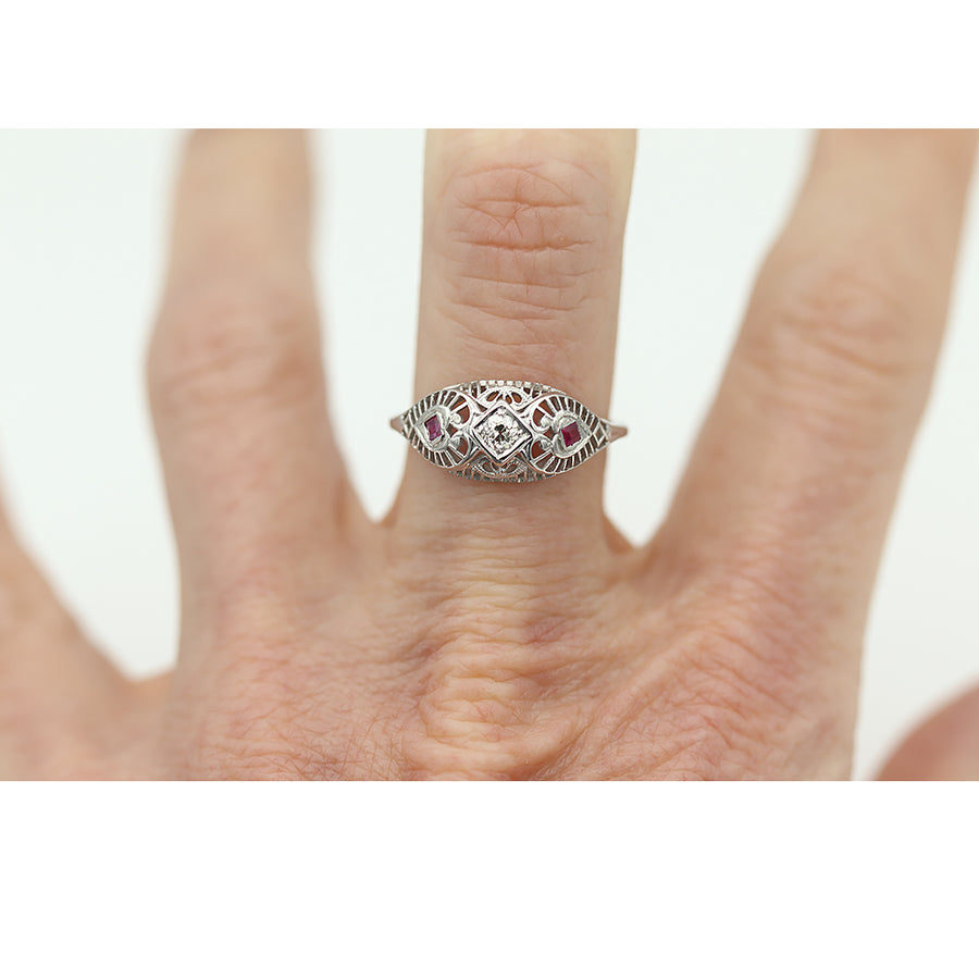 Vintage Old Mine Cut Diamond & Ruby Engagement Ring