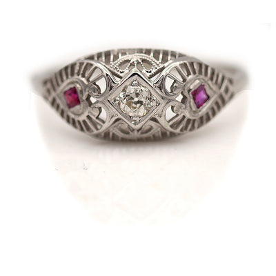 Vintage Old Mine Cut Diamond & Ruby Engagement Ring