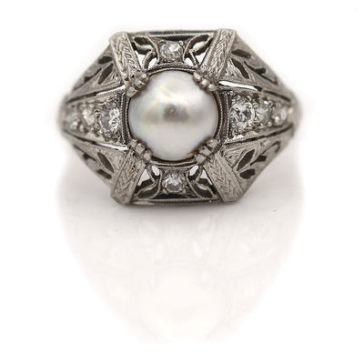 Edwardian Pearl & Old Mine Cut Diamond Engagement Ring