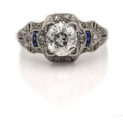 Old Mine Cut Diamond & Sapphire Engagement Ring - Vintage Diamond Ring