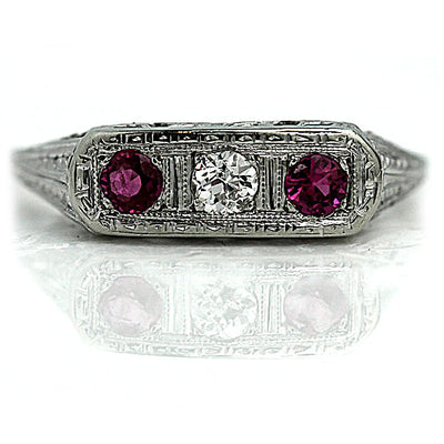 Vintage Diamond & Synthetic Ruby Engagement Ring - Vintage Diamond Ring
