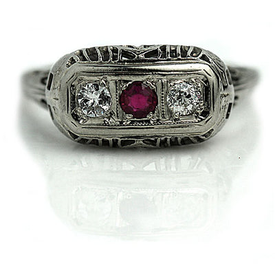 Synthetic Ruby & Diamond Three Stone Ring - Vintage Diamond Ring