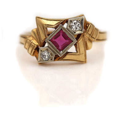 Victorian Square Ruby and Diamond Engagement Ring