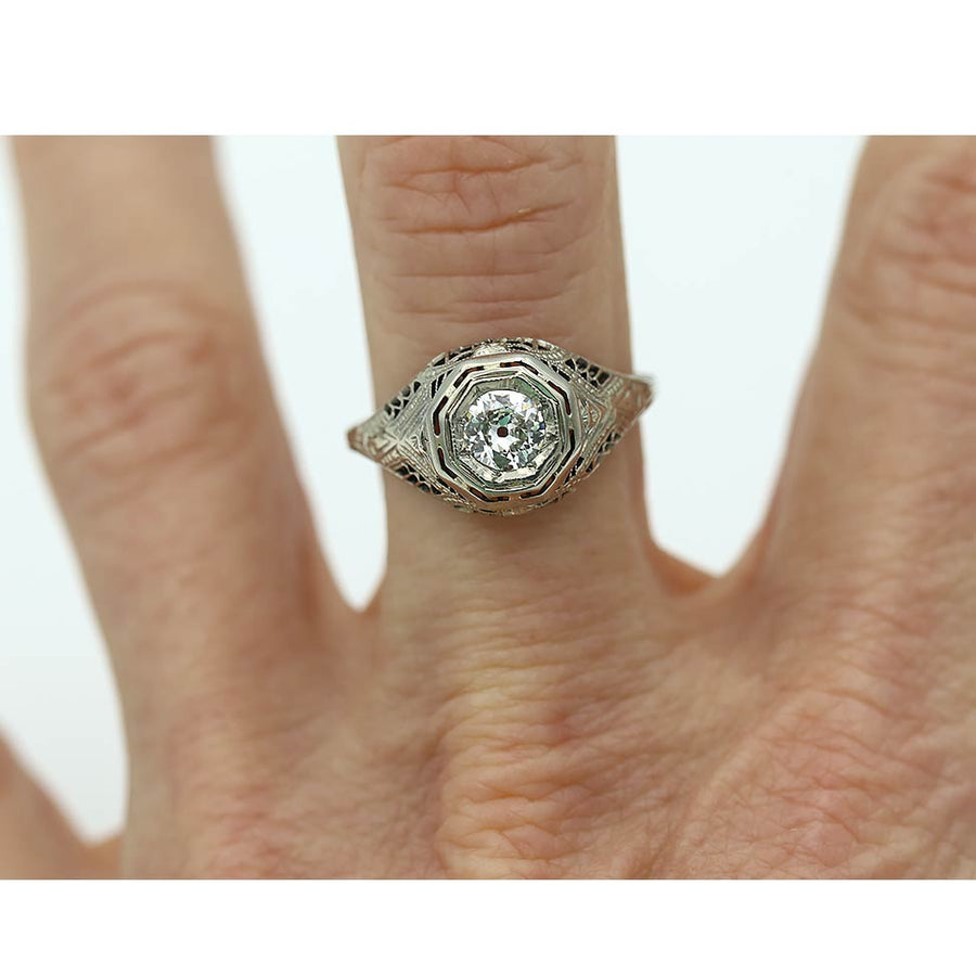 VVS2 Clarity Old European Cut Diamond Engagement Ring in Two-Tiered Geometric Octagonal Setting 18K White Gold On hand