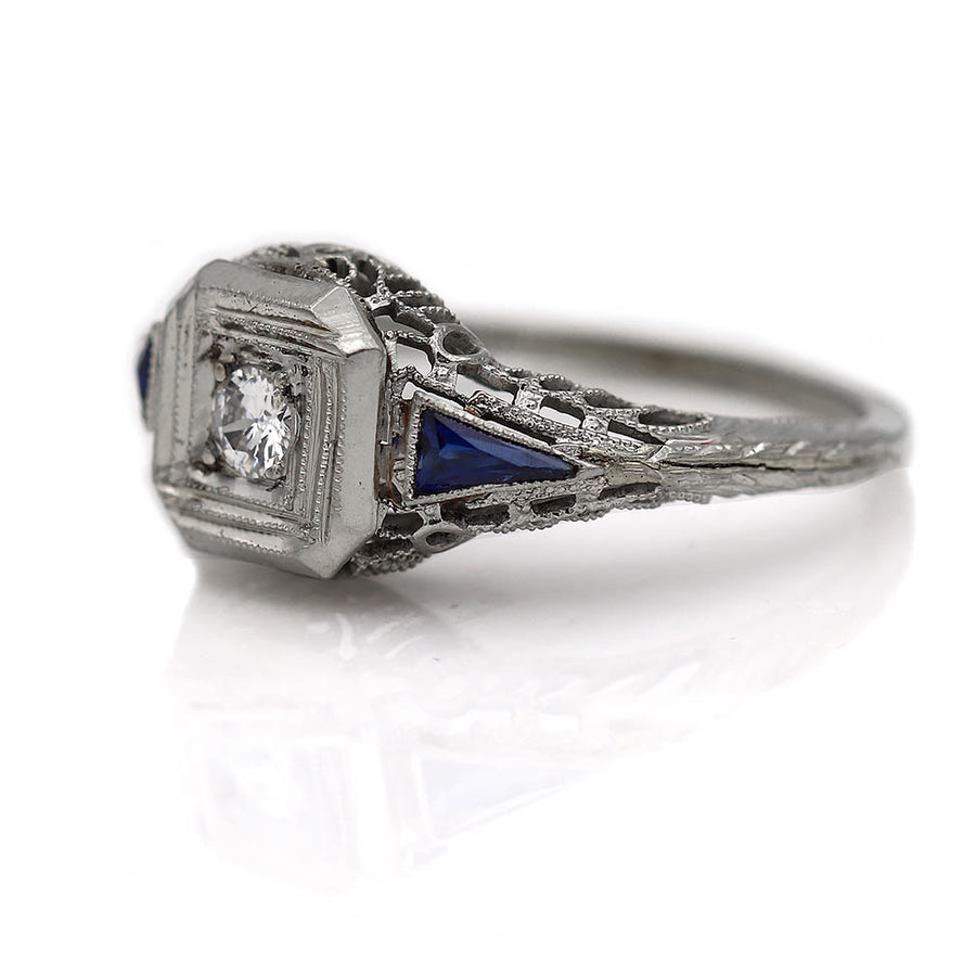 Diamond Engagement Ring with Kite Sapphire Side Stones