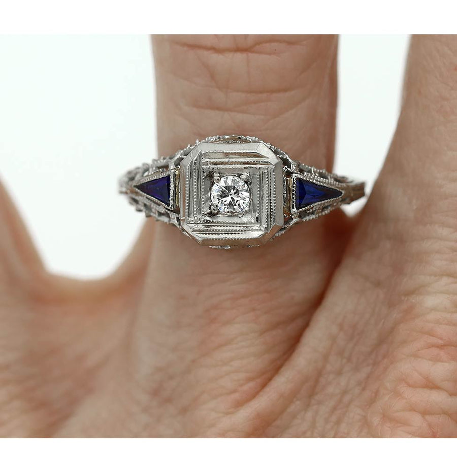 Diamond Engagement Ring with Kite Sapphire Side Stones