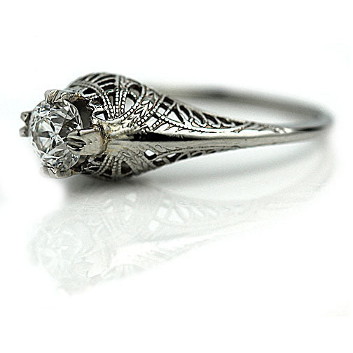Art Deco .70 CTW 18 Karat White Gold Engraved Solitaire Antique Engagement Ring