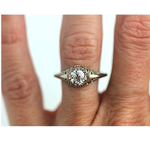 Art Deco .70 CTW 18 Karat White Gold Engraved Solitaire Antique Engagement Ring