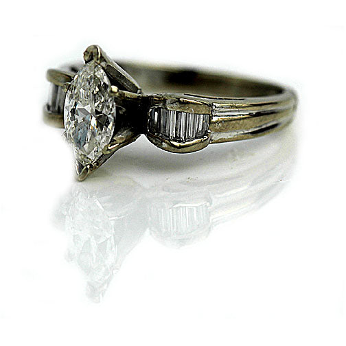 Mid-Century 1.21 CTW Marquis Diamond Vintage Engagement Ring with Baguettes GIA H/I1