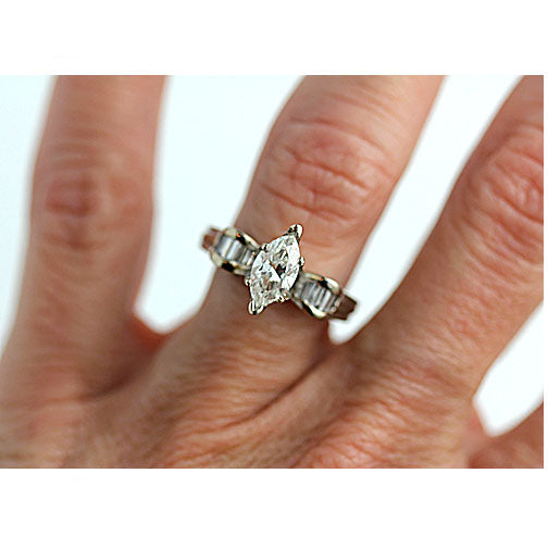 Mid-Century 1.21 CTW Marquis Diamond Vintage Engagement Ring with Baguettes GIA H/I1
