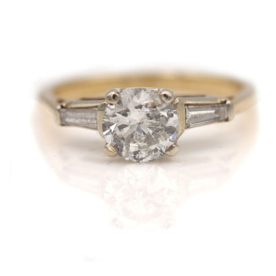 Vintage Round Cut Diamond Engagement Ring with Side Baguette Diamonds 1.08 Ct