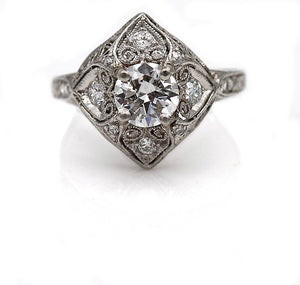 Art Deco .94 CTW Platinum Old European Cut Diamond Filigree Vintage Engagement Ring GIA F/SI2