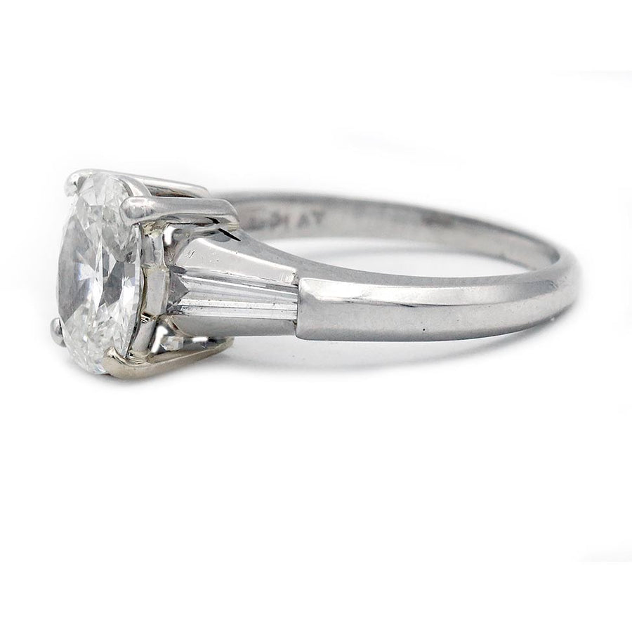 Vintage 1.20 Ct Oval Cut Diamond & Baguette Three-Stone Engagement Ring in Platinum