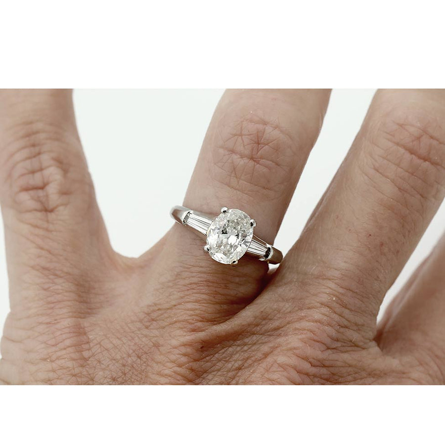 Vintage 1.20 Ct Oval Cut Diamond & Baguette Three-Stone Engagement Ring in Platinum
